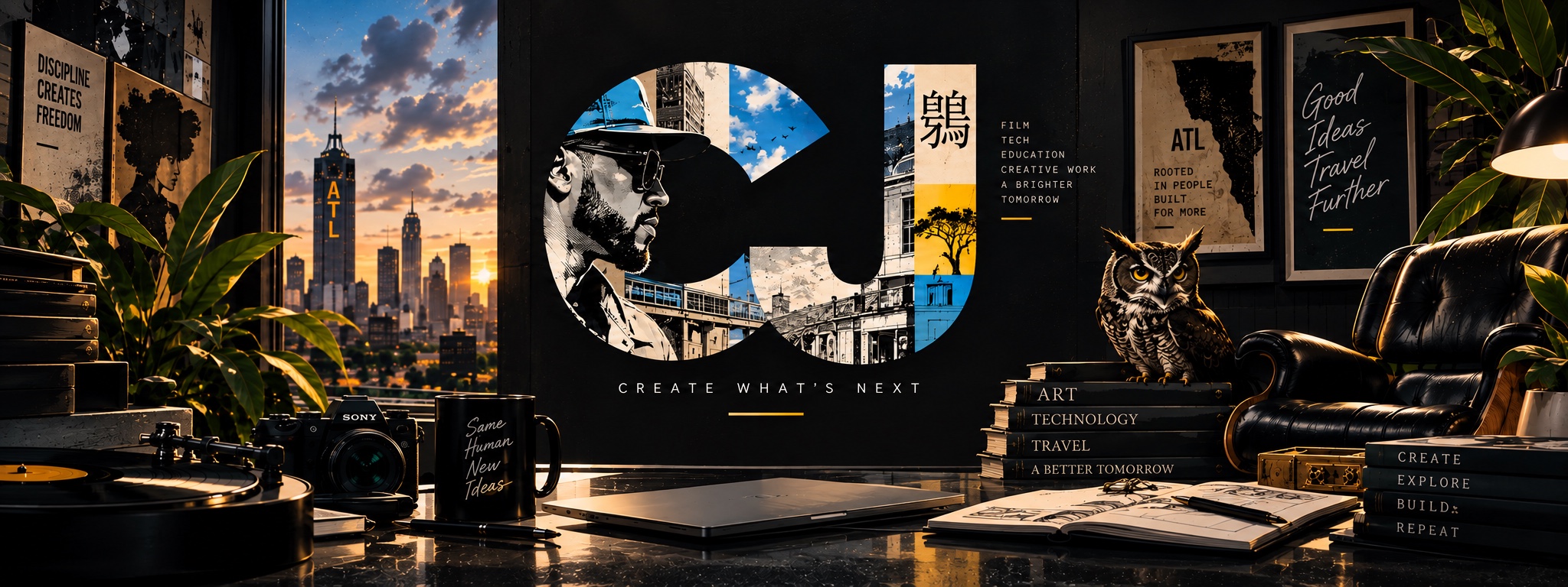 CJ — Create What’s Next. Atlanta skyline, owl, and studio collage artwork.