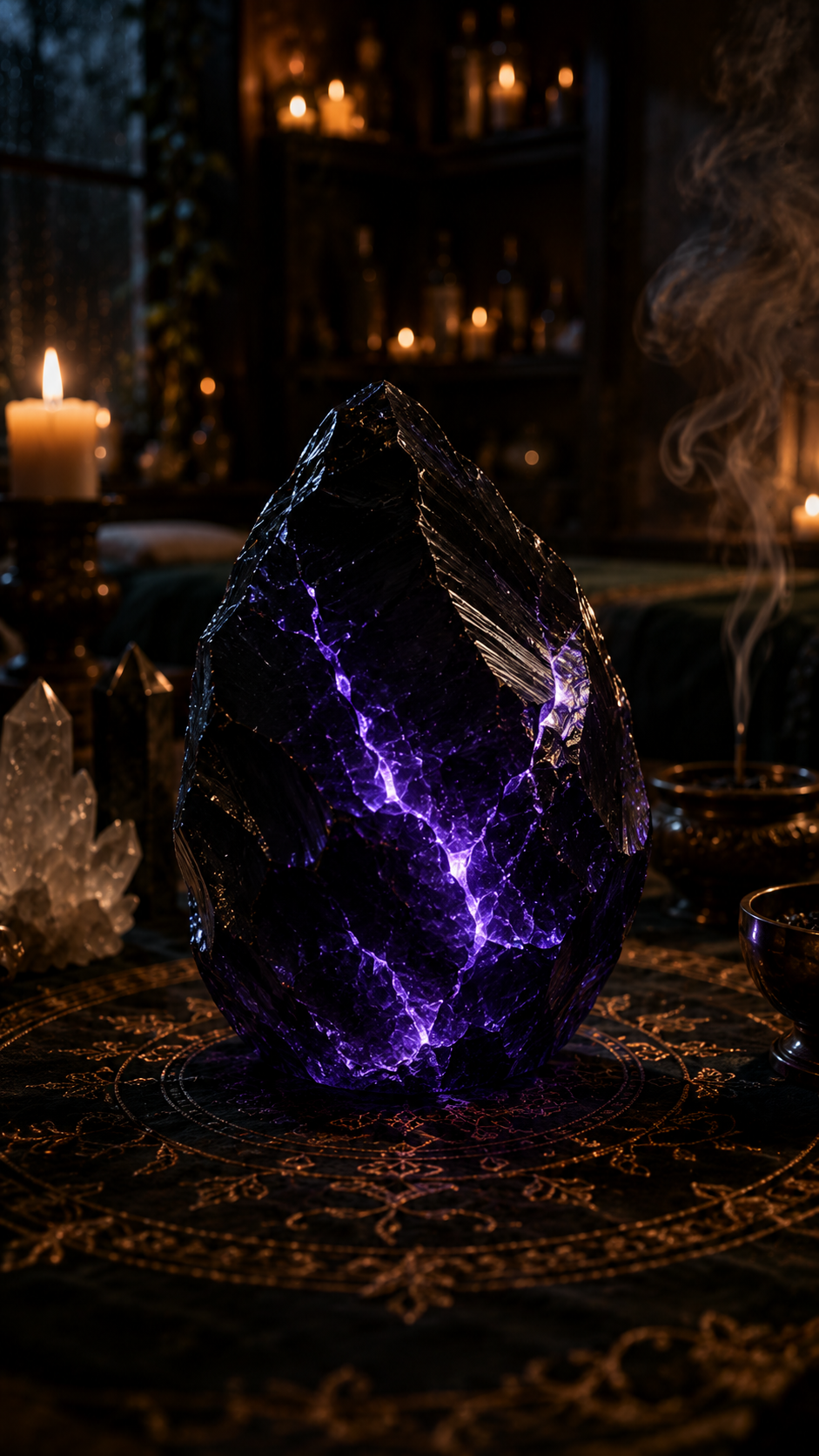 A glowing violet crystal on a candlelit ritual table.