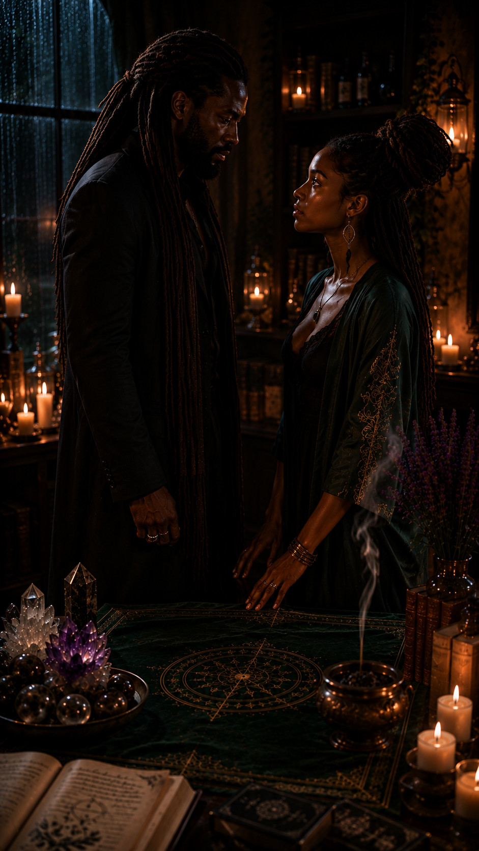 Nia and Zion face one another in a candlelit room.