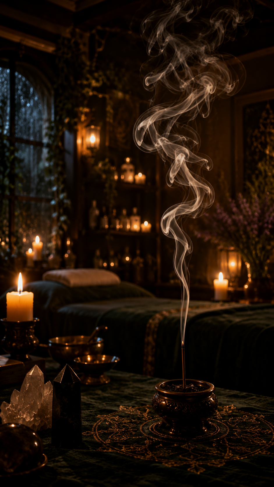 A healing sanctuary filled with candlelight and incense smoke.