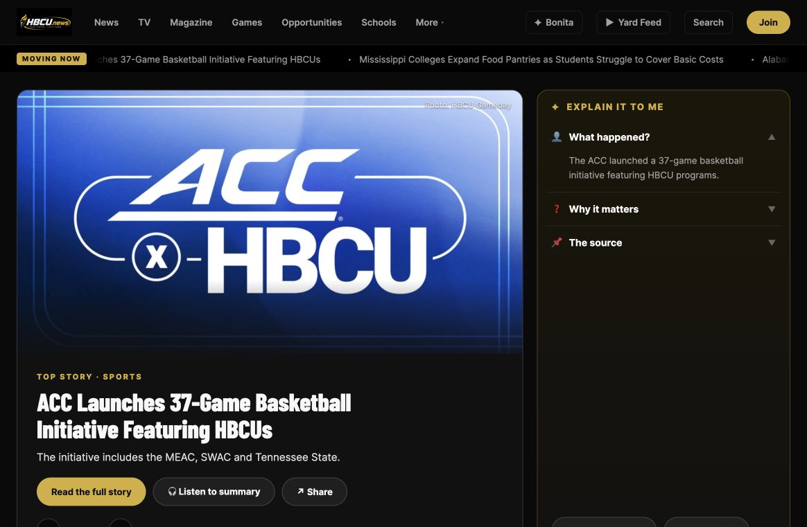 HBCU.news’s public homepage with news, campus navigation, and story context