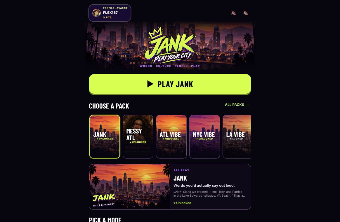 JANK’s public home screen with culture and city packs and the Play JANK button